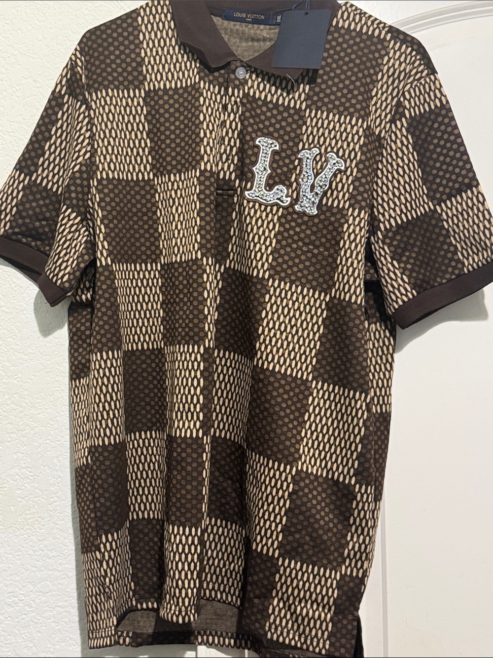 Louis Vuitton Brown and Cream Checker Polo with LV Patch